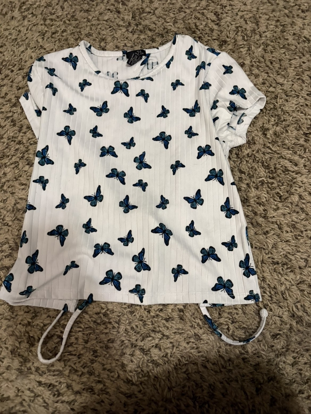 Cropped White Tee with Blue Butterfly Print